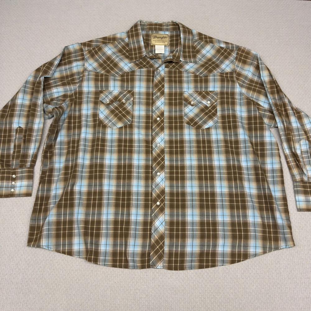Wranger Pearl Snap Shirt Mens 3XL Brown Blue Plaid Western Cowboy Retro Casual